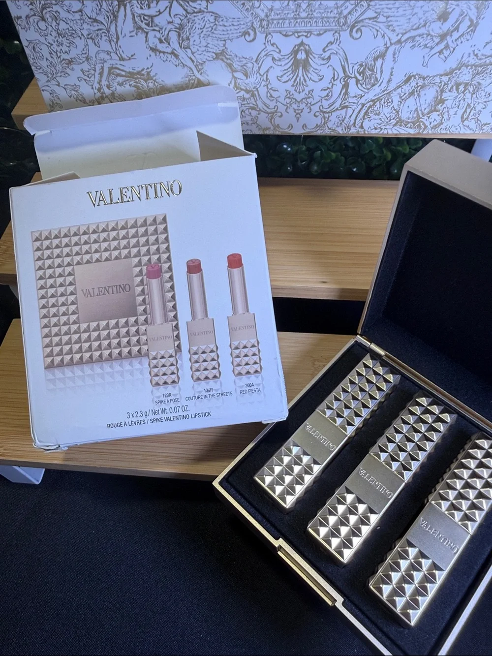 Valentino Gold Spike Studded Lipstick Trio with Pink and Red Shades